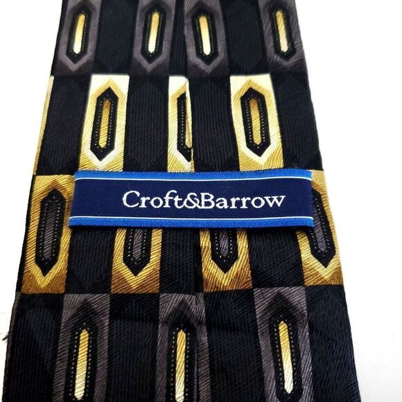 Croft & Barrow Black Gold Silver Geometric Abstract Print Silk Tie - Picture 3 of 7